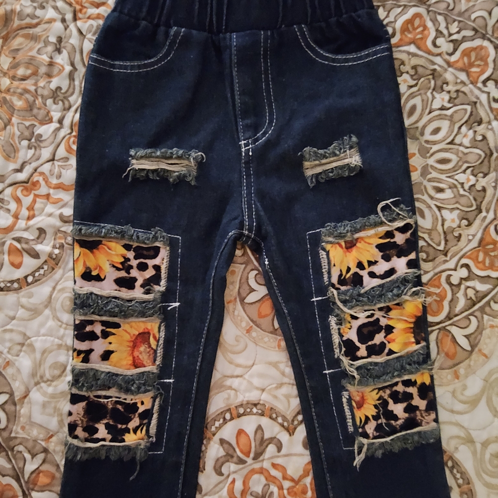 SHEIN Dark Blue Jeans Leggings with Sunflower & Leopard Patch Details